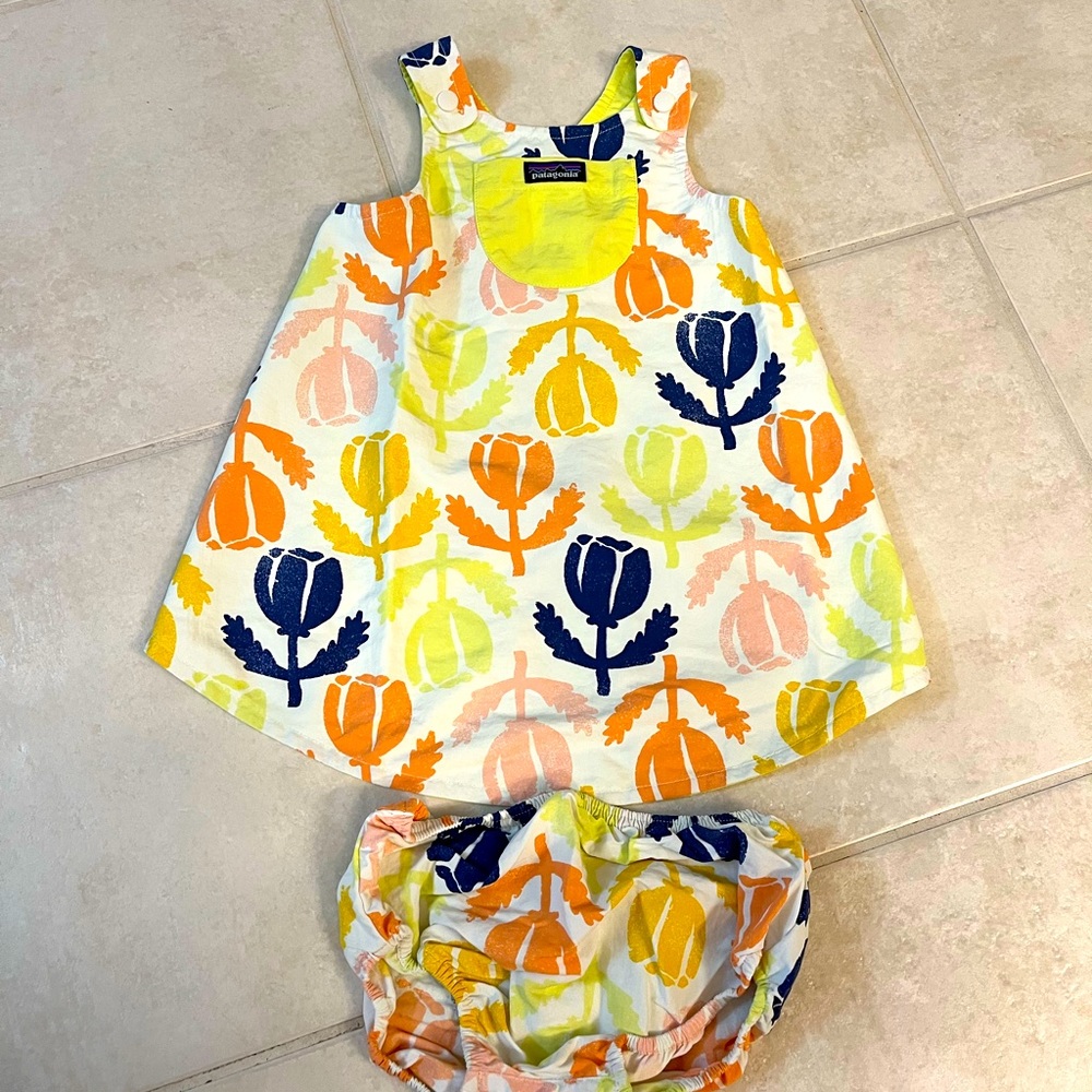 Patagonia Girls White Dress Set with Orange, Yellow, Navy Floral Print